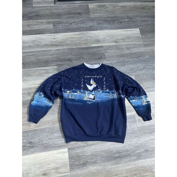 Vtg 90s Guardian Angel Faded AOP Sweatshirt Boxy Art Snow God Heaven Grunge - Picture 2 of 12